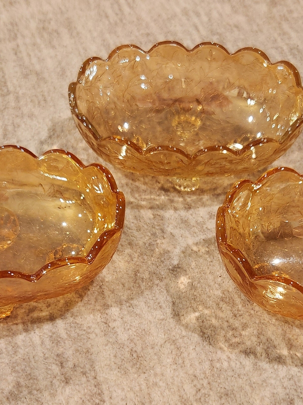 Vintage Jeannette Glass Floragold Louisa Marigold Carnival Glass Footed Bowls 3